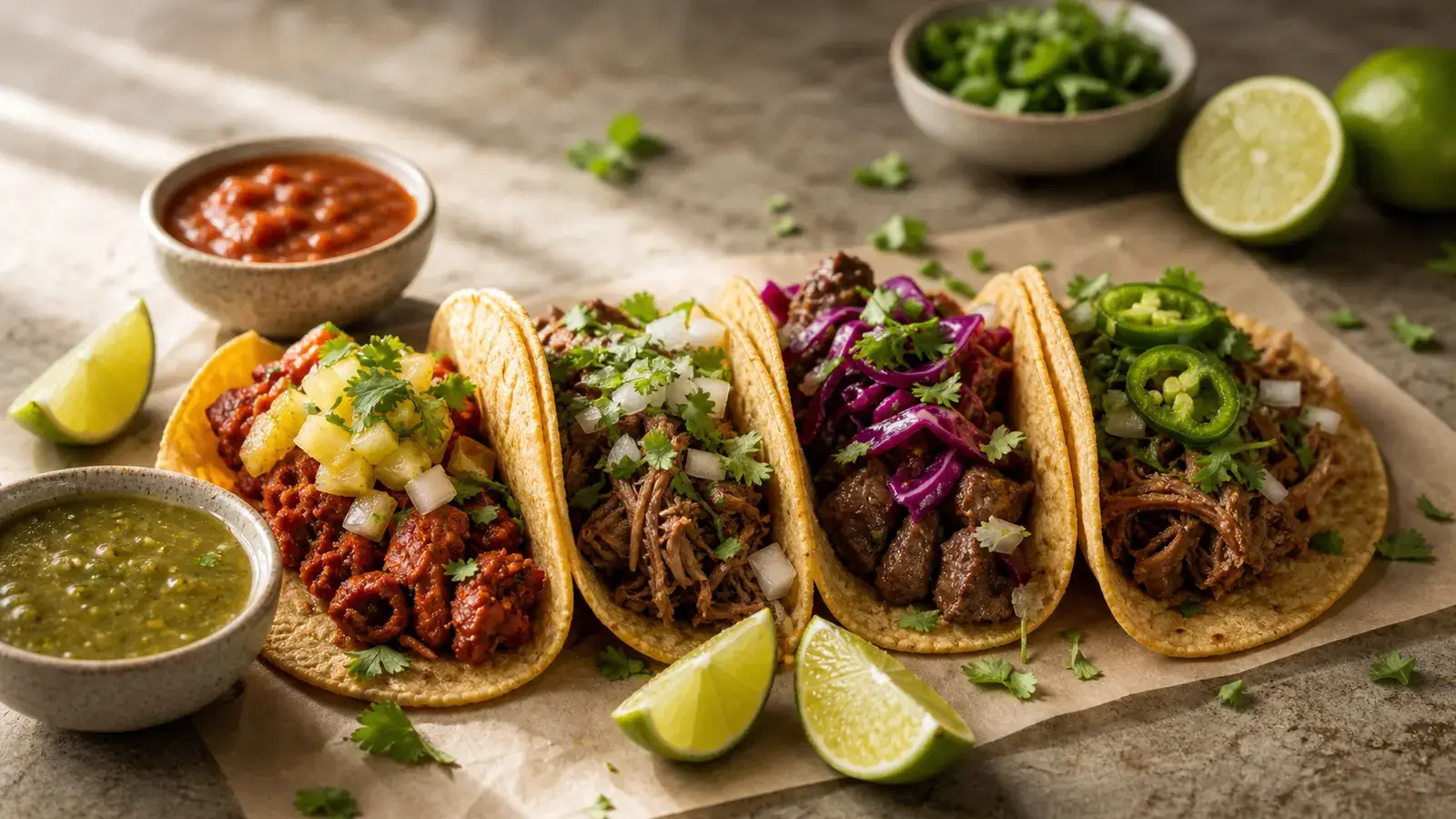 Vier Tacos auf Maistortillas mit Salsa roja, Salsa verde und Limetten