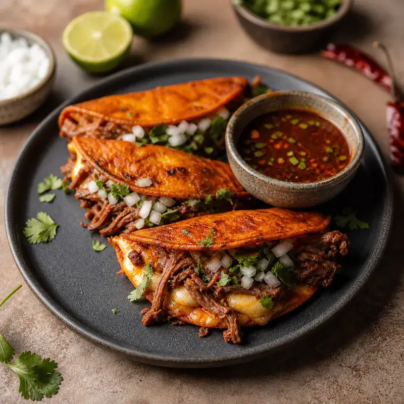 Birria Tacos mit Käse, Pulled Beef, Zwiebeln und Koriander