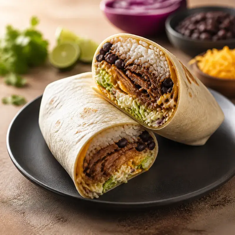 Burrito Beef mit Reis, Salat, Bohnen