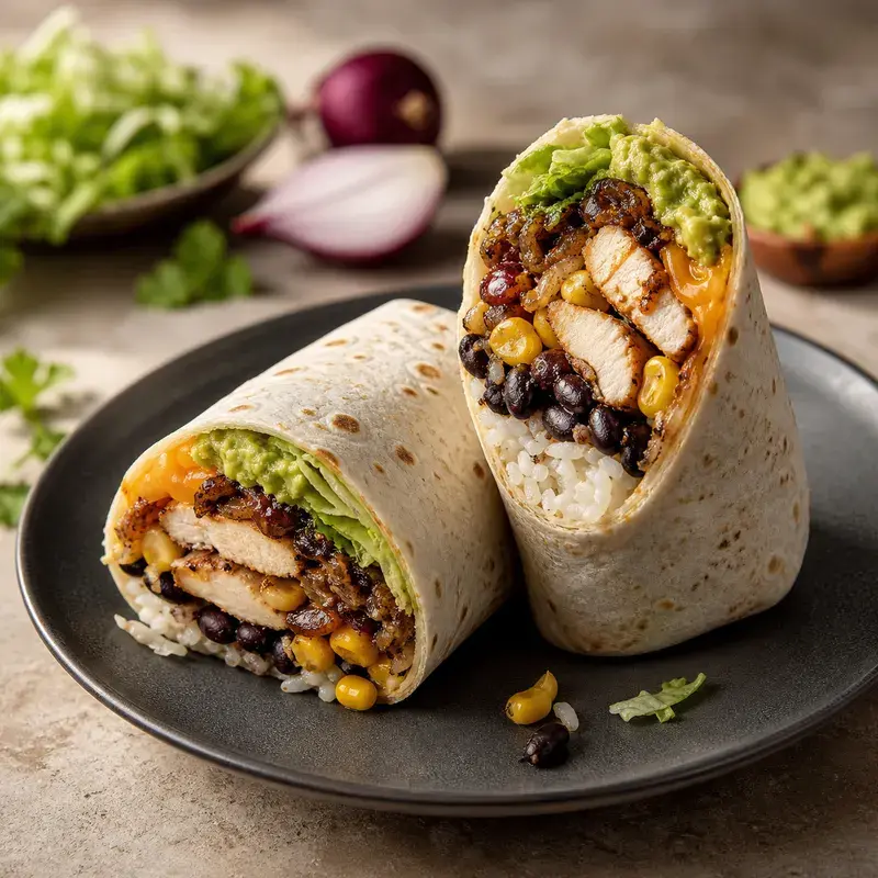 Burrito Pollo mit Reis, Salat, Bohnen