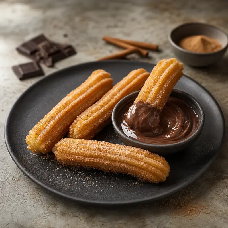 Churros mit Schokolade mit aus Brandteig, in der Fritteuse gebacken, mit Zimt und Zucker bestreut und mit Schokocream serviert