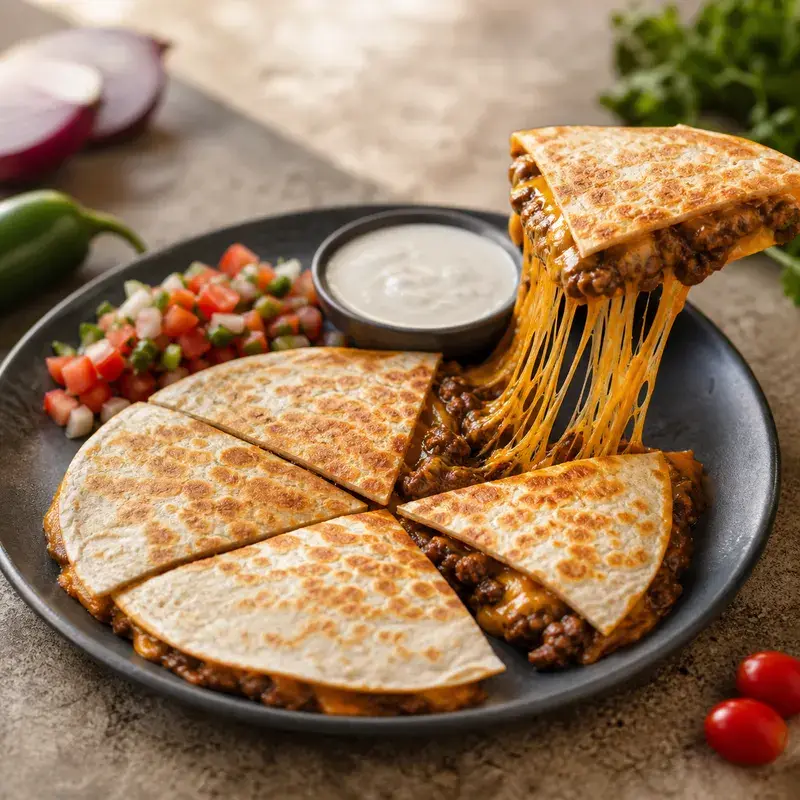 Aufgeschnittene Quesadilla mit geschmolzenem Cheddar und Pico de Gallo