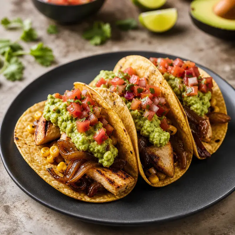 Pollo Texano mit Geschmorte Zwiebeln, saftige Hühnerbrust, Mais