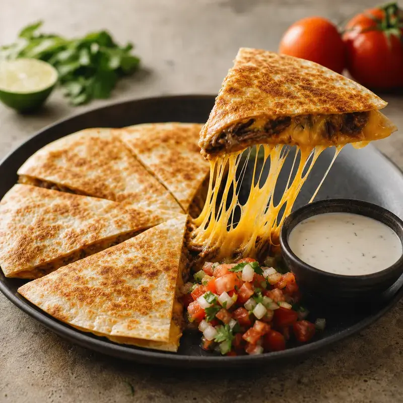 Pulled Beef Quesadilla mit Weizentortilla, Cheddar, Pulled Beef