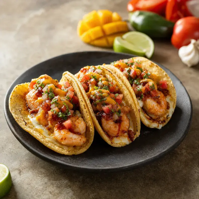 Taco de Gamba mit Käse, Shrimps, Pico de Gallo