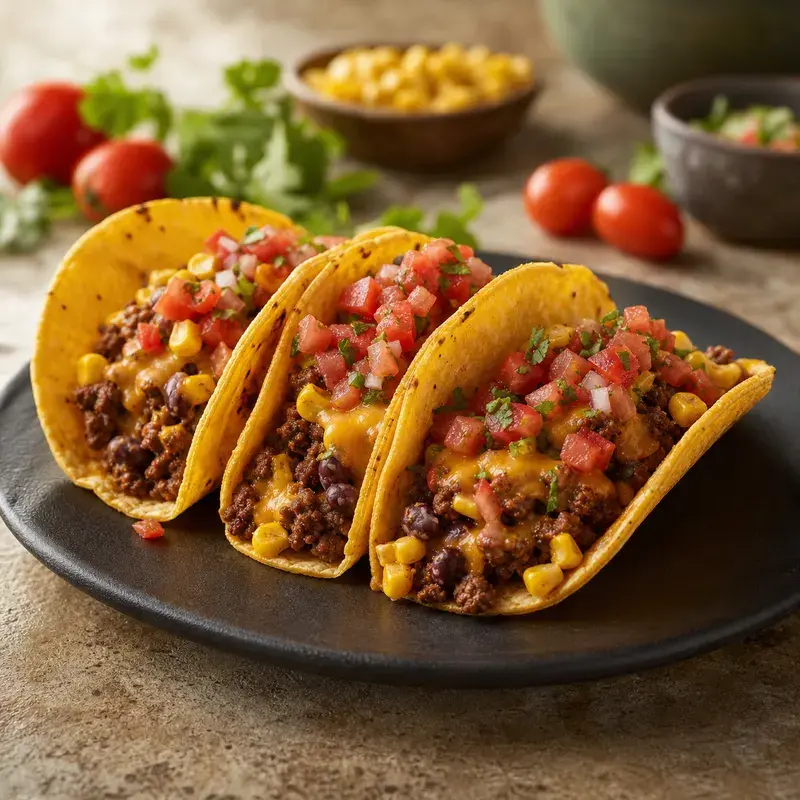 Tacos al Gringo mit Cheddar, Faschiertes vom Rind, Mais