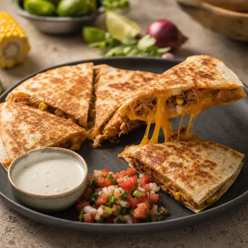 Veggi Quesadilla mit Weizentortilla, Cheddar, veganes Pulled Pork