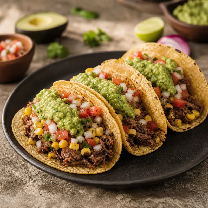 Veggie Taco mit Redefine Pulled Beef, Mais, Zwiebeln