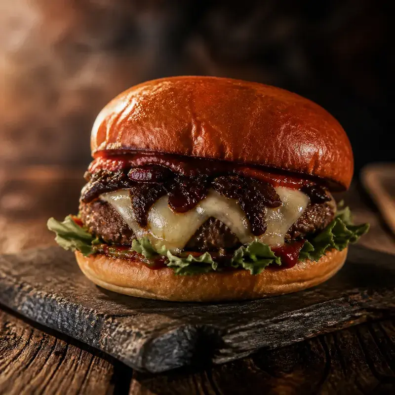 Alpen Cheeseburger mit Brioche Bun, Ketchup, Salat