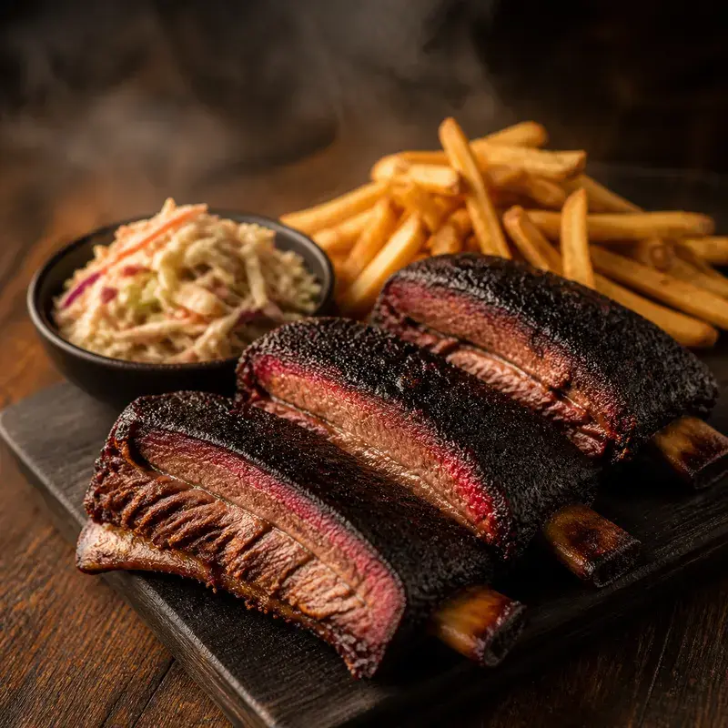 Beef Short Ribs mit Coleslawsalat und Pommes mit Beef Ribs aus dem Smoker, dazu Coleslawsalat und Pommes