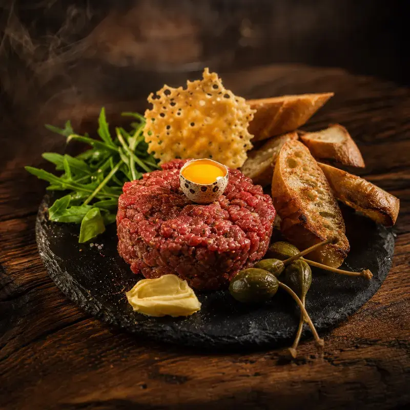 Beef Tatar vom Hochlandrind mit Klassisch zubereitetes Beef Tatar, Baguette, Butter