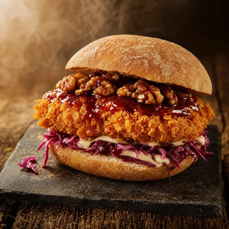 Chicky Tschakka mit Ciabatta Bun, Mayo, mariniertes Rotkraut