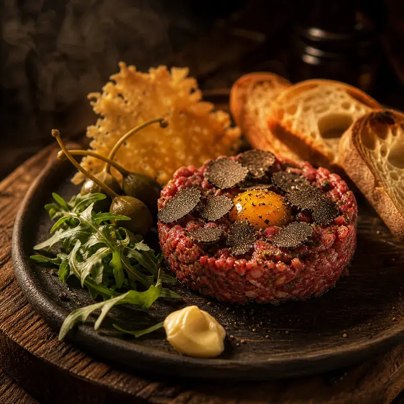 Getrüffeltes Beef Tatar vom Hochlandrind mit Klassisch zubereitetes Beef Tatar, Baguette, Butter