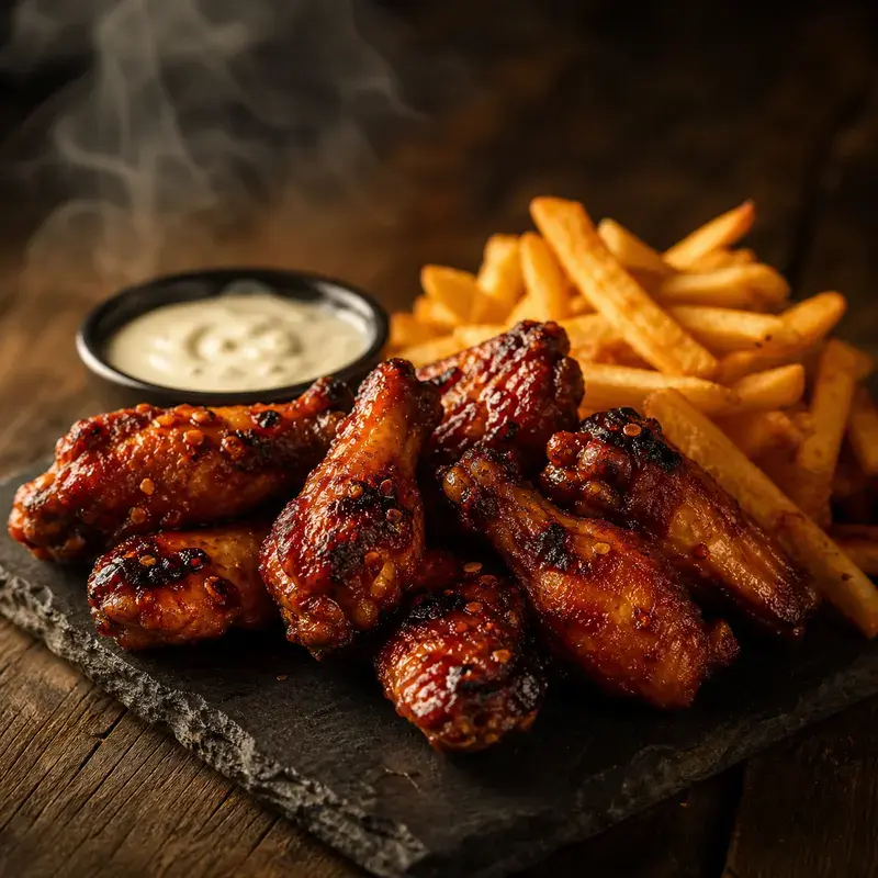 Hot Chili Chicken Wings mit Hühnerflügel in BBQ-Chili Marinade mit Pommes und Dip