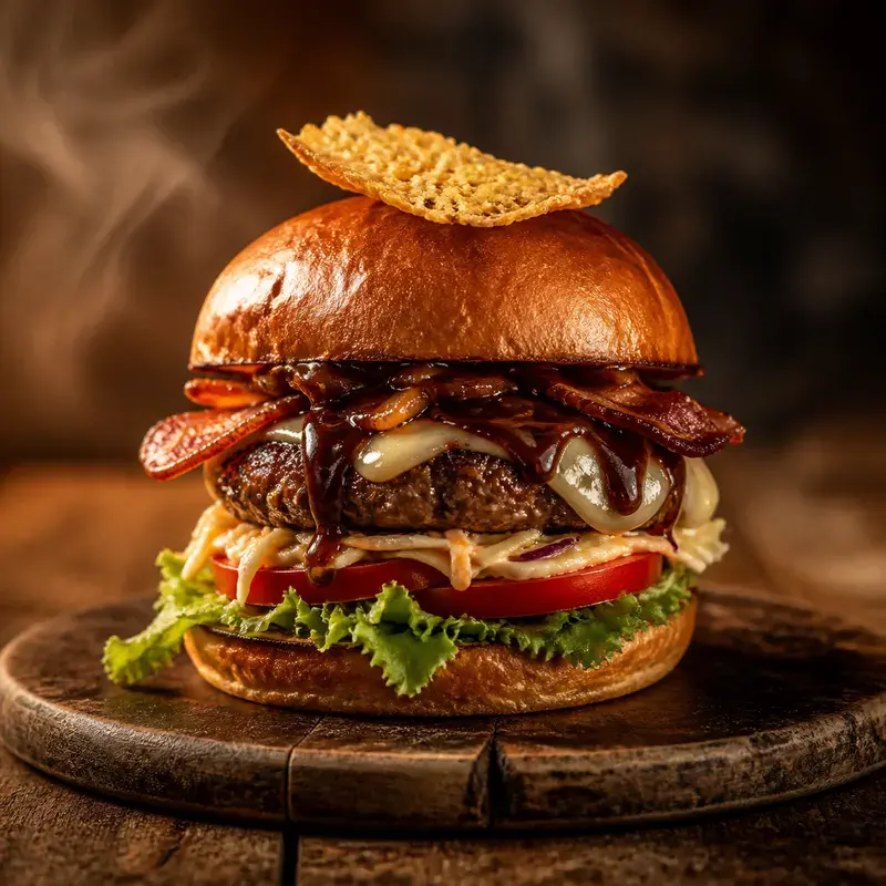 Käse-Speck Burger mit Briochebun, Coleslaw, Salat/Tomate
