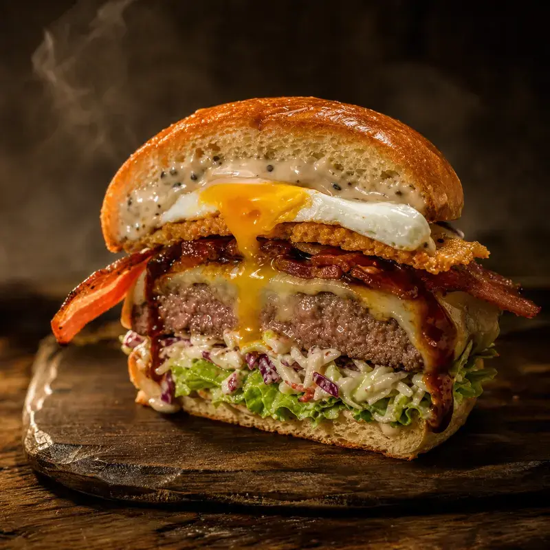 Kay's Signature Burger mit Bergkäse, Bacon, Spiegelei und Parmesanchip