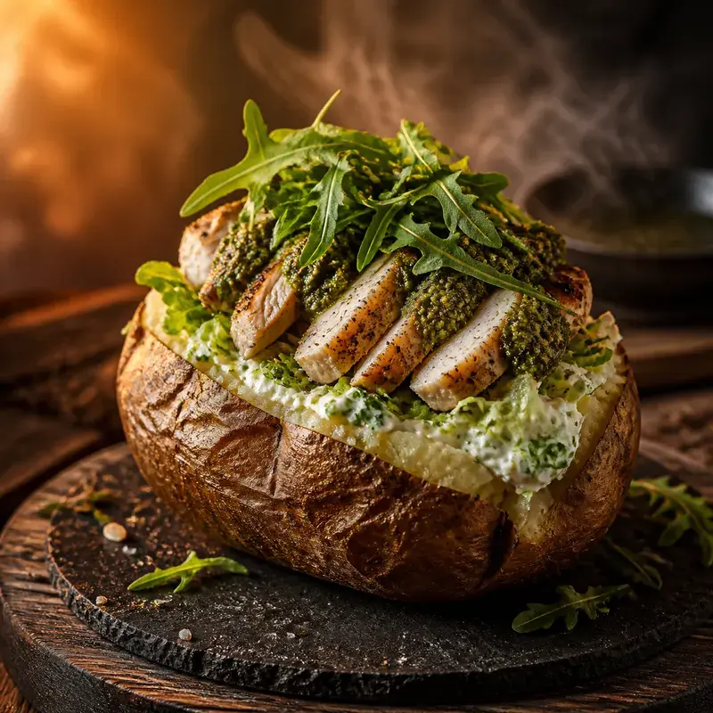 Ofenkartoffel mit Hähnchen mit Big Griller, hausgemachte Kräuter Sour Cream, Salat