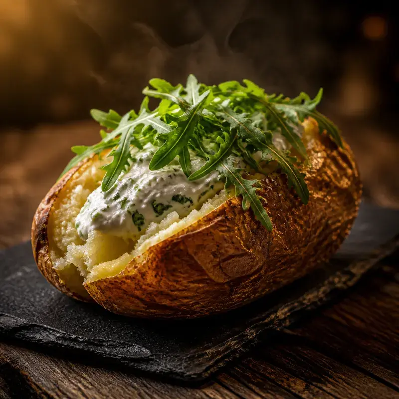 Ofenkartoffel mit Kräutersauerrahm mit Big Griller, hausgemachte Kräuter Sour Cream, Rucola