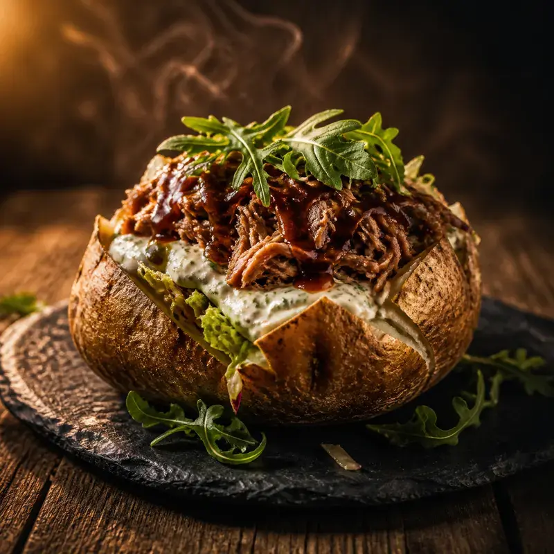 Ofenkartoffel mit Pulled Beef mit Big Griller, hausgemachte Kräuter Sour Cream, Salat
