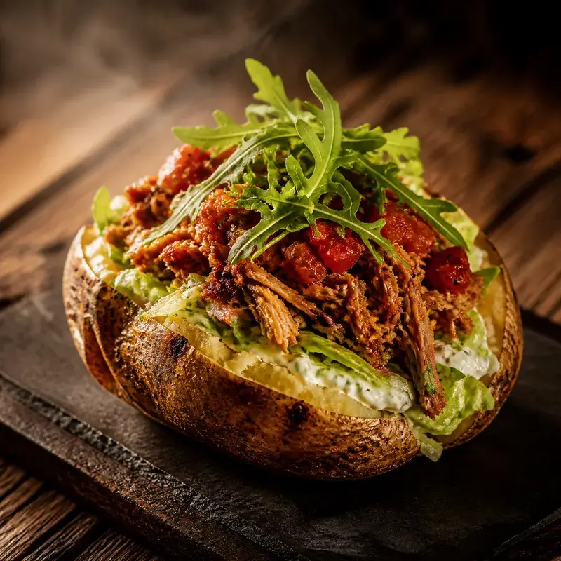 Ofenkartoffel mit Pulled Pork mit Big Griller, hausgemachte Kräuter Sour Cream, Salat