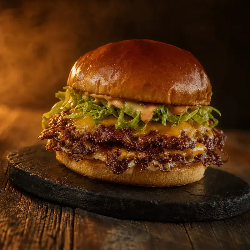 Oklahoma Onion Smash Burger, Serfaus Edition mit Brioche Bun, Cocktail Sauce, Salat