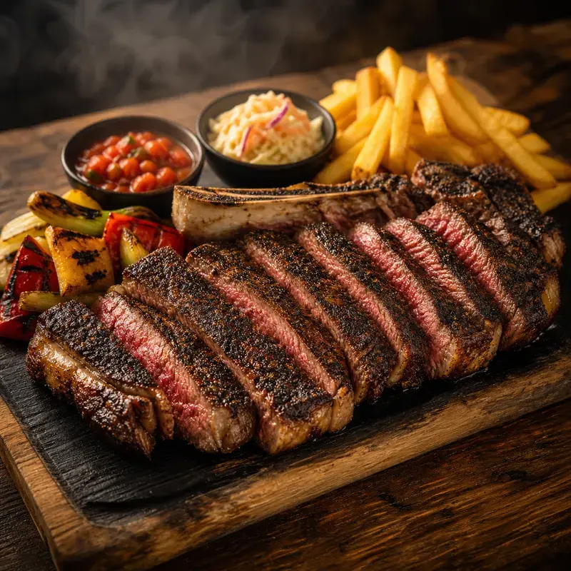 Porterhouse Dry Age (ab 1.100g) mit Simmenthaler von der Kalbin, mindestens 8 Wochen gereift, serviert mit Grillgemüse und Pommes Frites