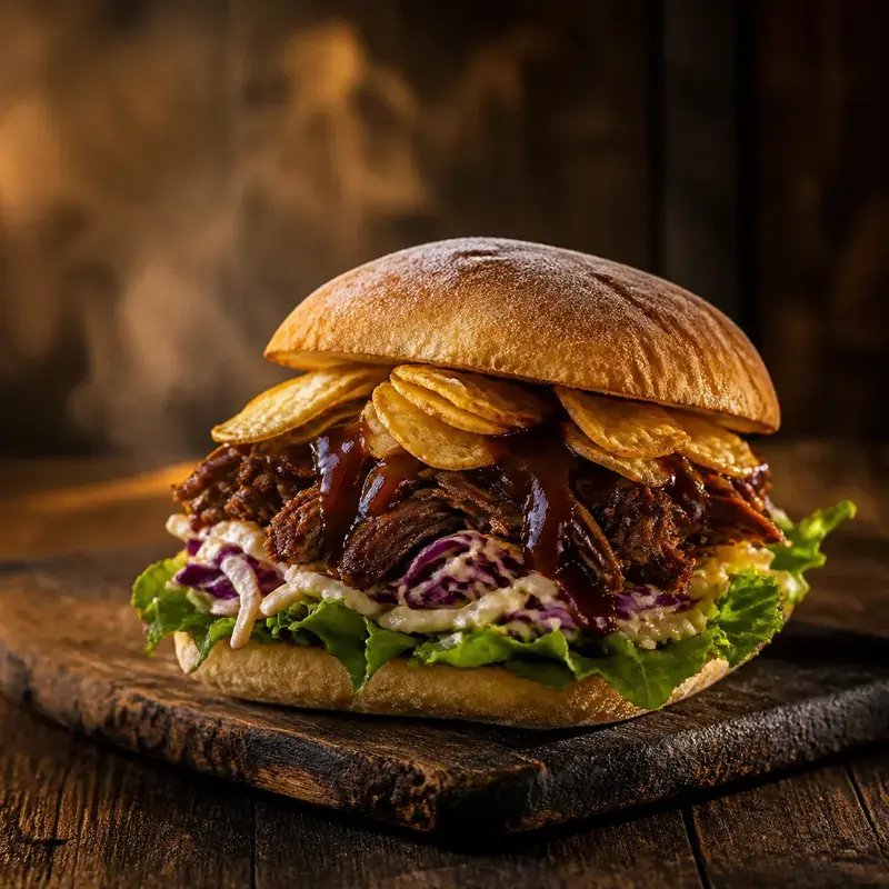 Pulled Beef Burger aus dem Smoker mit Ciabatta Bun, Coleslaw, Salat