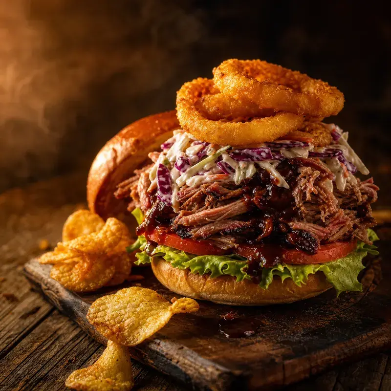 Pulled Pork Burger mit Rustikales BurgerBun, 200g 14h im Smoker gegarte Schweineschulter, Coleslaw