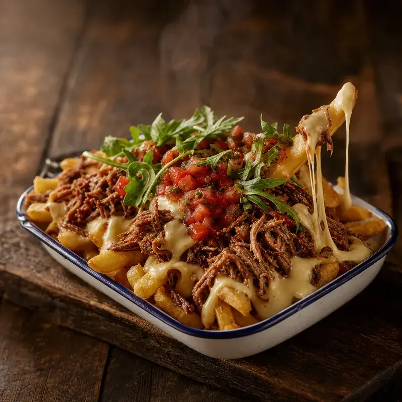 Pulled Pork Cheese Fritten mit Die Alternative zum Burger. 250g Pommes, hausgemachtes Pulled Pork, Tomatensalsa