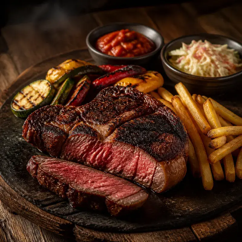 Rib Eye mit JUFFINGER BIO-Alpen Fleisch stammt ausnahmslos von heimischen BIO-Bauern aus der Alpenregion, serviert mit Grillgemüse und Pommes Frites, dazu Tomatensalsa und Coleslaw