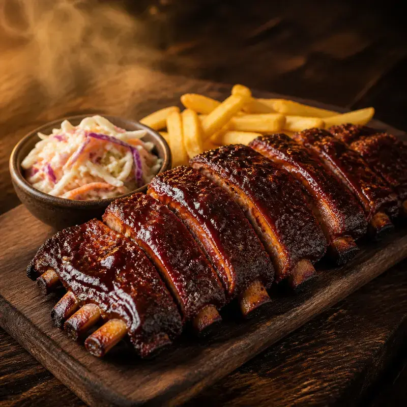 Spareribs aus dem Smoker mit Coleslaw und Pommes mit Ca. 450g amerikanische Schälrippen mit hausgemachter BBQ-Sauce, Coleslaw und Pommes