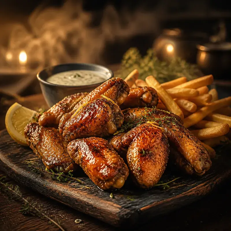 Sweet Chicken Wings mit Hühnerflügel in Honig-Zitronen-Thymian-Marinade mit Pommes und Dip
