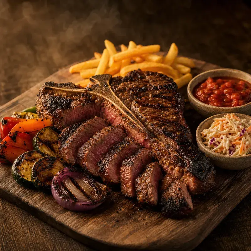 T-Bone Dry Age (ca. 600g) mit Simmenthaler, mindestens 8 Wochen gereift, serviert mit Grillgemüse und Pommes Frites