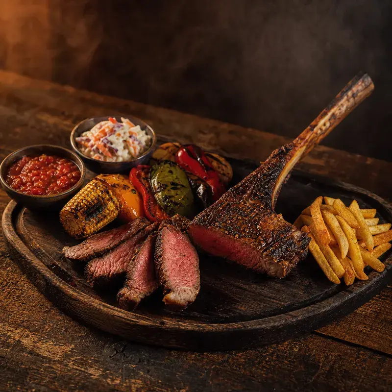 Tomahawk (ca. 1.380g) mit Fleckvieh Almrind vom GenussBauernhof Kuprian aus Ranggen, serviert mit Grillgemüse und Pommes Frites, dazu Tomatensalsa und Coleslaw