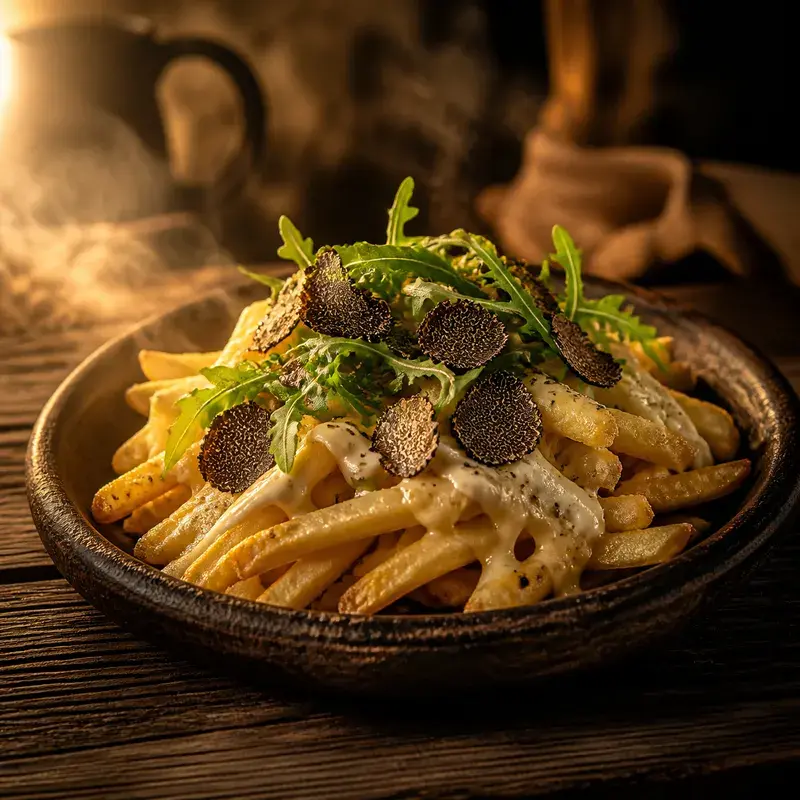 Trüffelpommes mit Knusprige Pommes mit Trüffel-Öl, Bergkäse überbacken, Trüffelmayo und Rucola