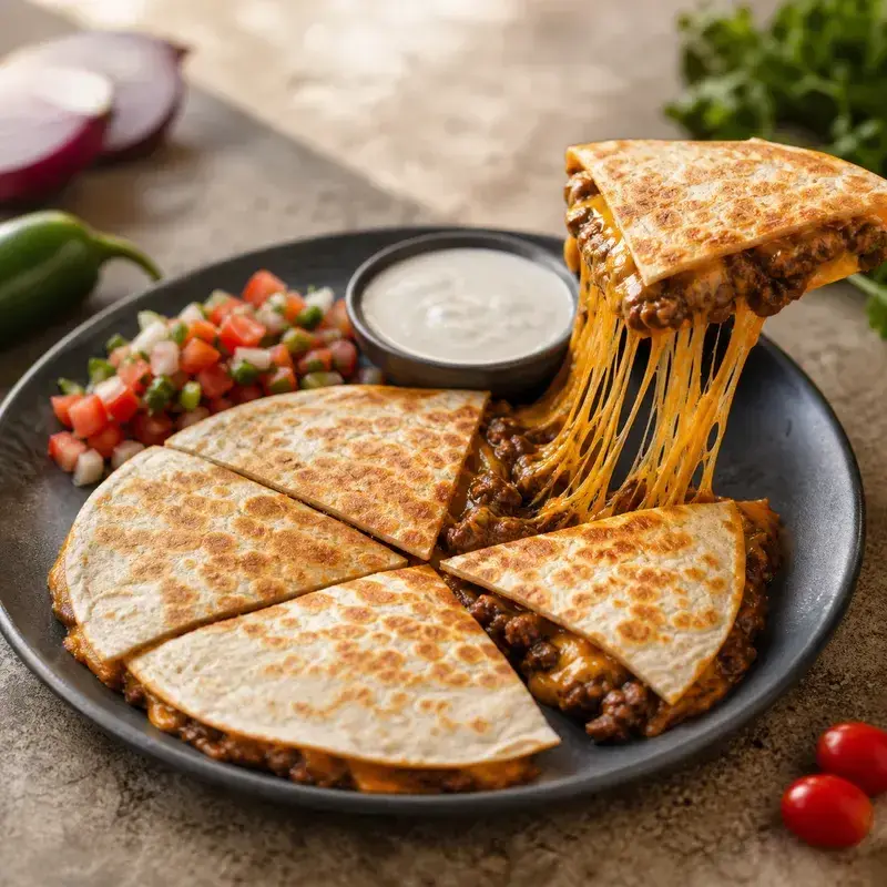 Aufgeschnittene Quesadilla mit geschmolzenem Cheddar und Pico de Gallo