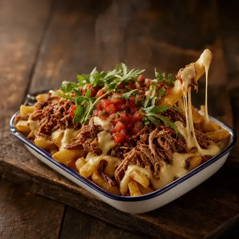 Pulled Pork Cheese Fritten mit Die Alternative zum Burger. 250g Pommes, hausgemachtes Pulled Pork, Tomatensalsa