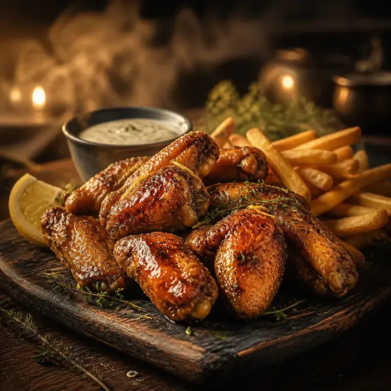 Sweet Chicken Wings mit Hühnerflügel in Honig-Zitronen-Thymian-Marinade mit Pommes und Dip