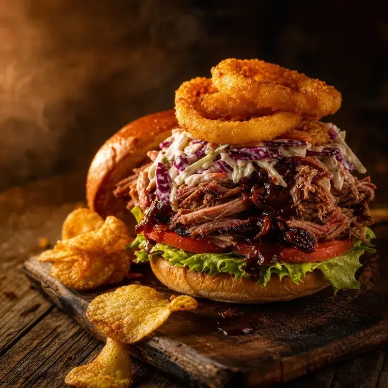 Pulled Pork Burger mit Rustikales BurgerBun, 200g 14h im Smoker gegarte Schweineschulter, Coleslaw