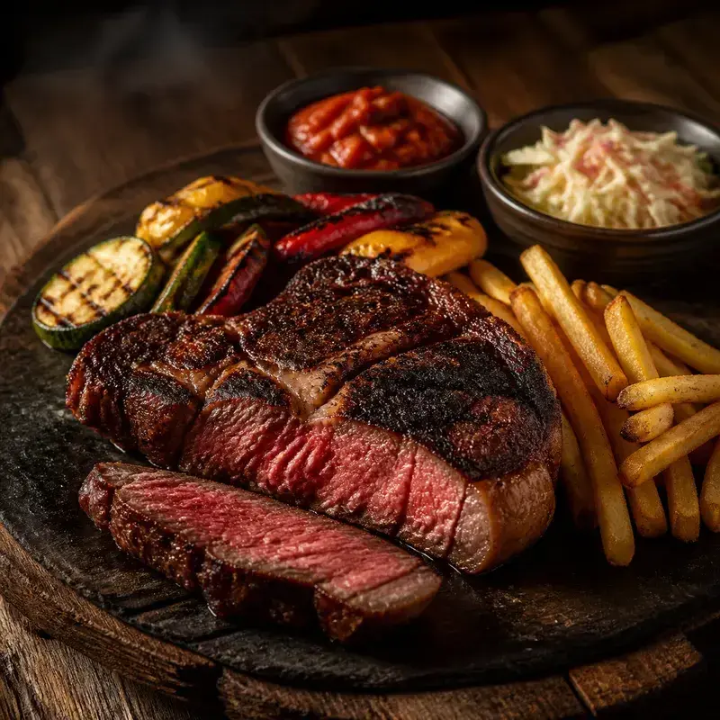 Rib Eye mit JUFFINGER BIO-Alpen Fleisch stammt ausnahmslos von heimischen BIO-Bauern aus der Alpenregion, serviert mit Grillgemüse und Pommes Frites, dazu Tomatensalsa und Coleslaw