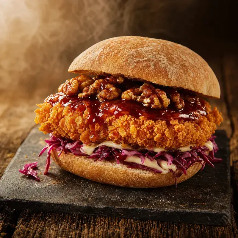 Chicky Tschakka mit Ciabatta Bun, Mayo, mariniertes Rotkraut