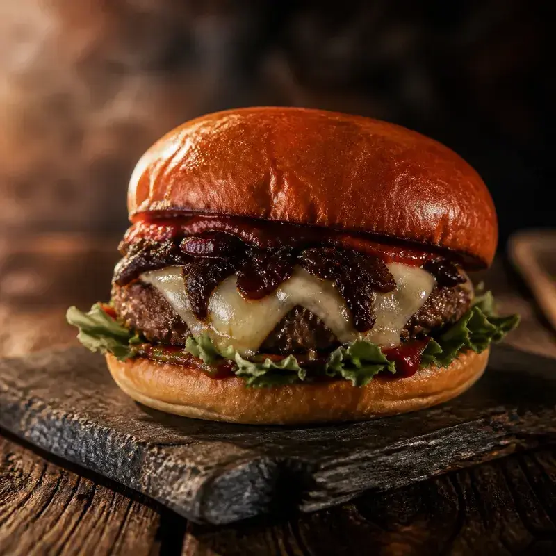 Alpen Cheeseburger mit Brioche Bun, Ketchup, Salat