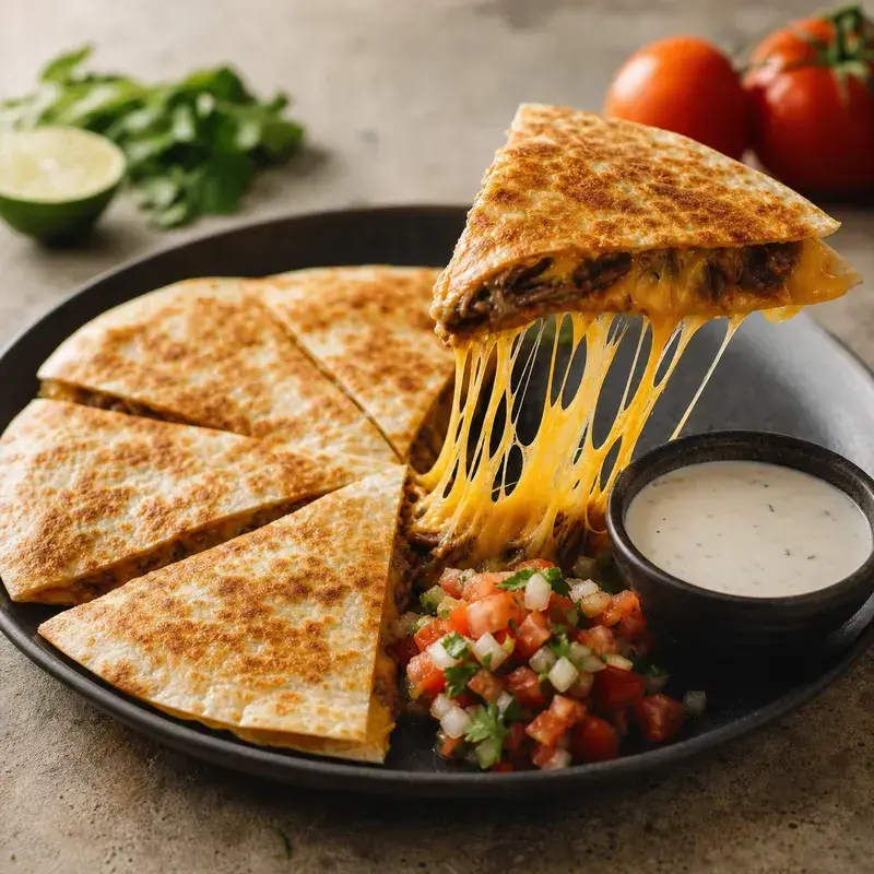 Pulled Beef Quesadilla mit Weizentortilla, Cheddar, Pulled Beef