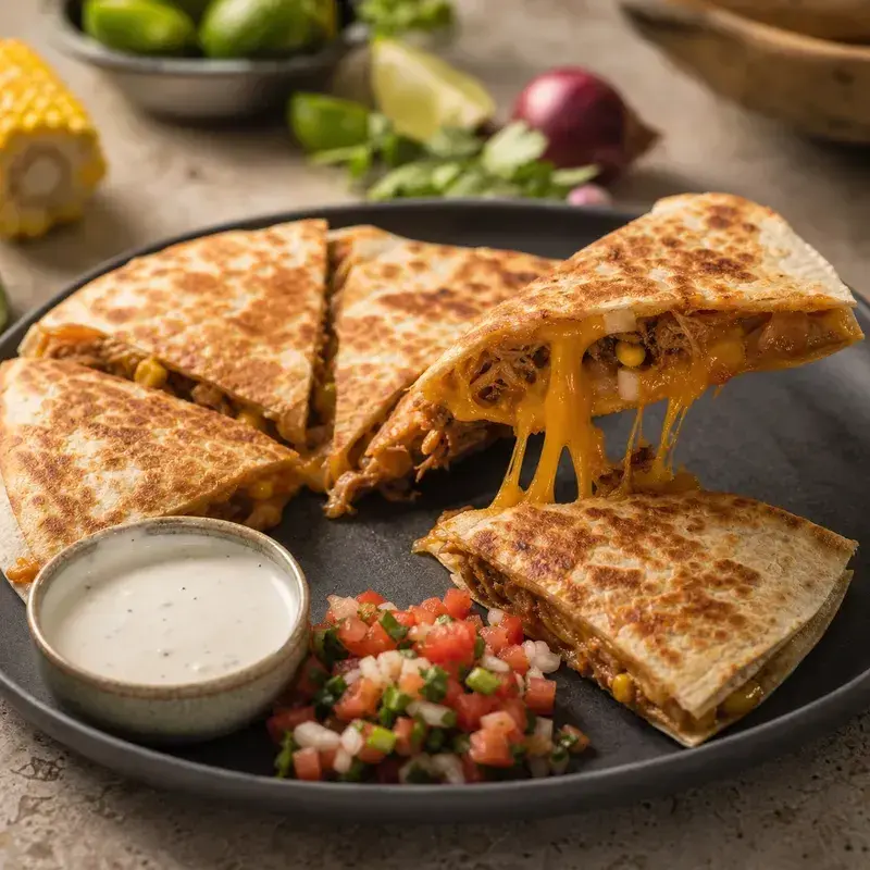 Veggi Quesadilla mit Weizentortilla, Cheddar, veganes Pulled Pork