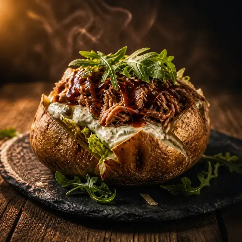 Ofenkartoffel mit Pulled Beef mit Big Griller, hausgemachte Kräuter Sour Cream, Salat
